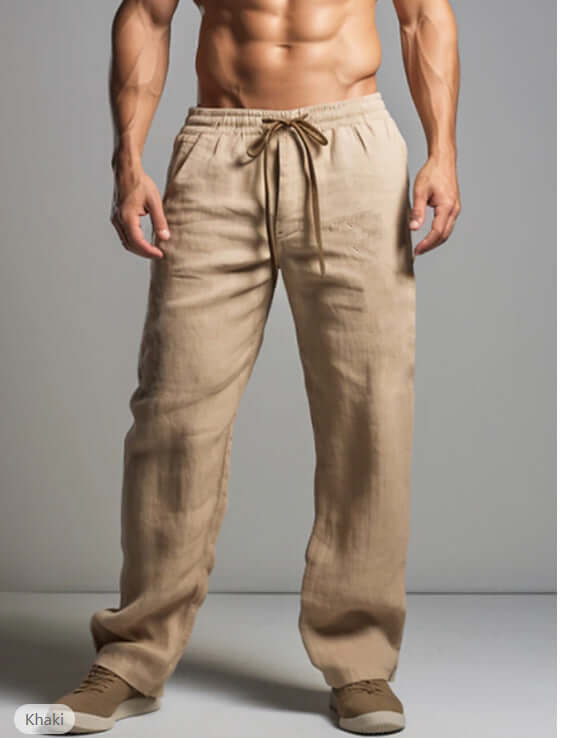 Men's khaki linen trousers showcasing casual comfort and chic style, perfect for summer outings. Explore our fashionable collection now.