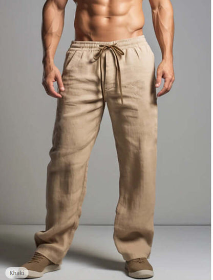 Men's khaki linen trousers showcasing casual comfort and chic style, perfect for summer outings. Explore our fashionable collection now.