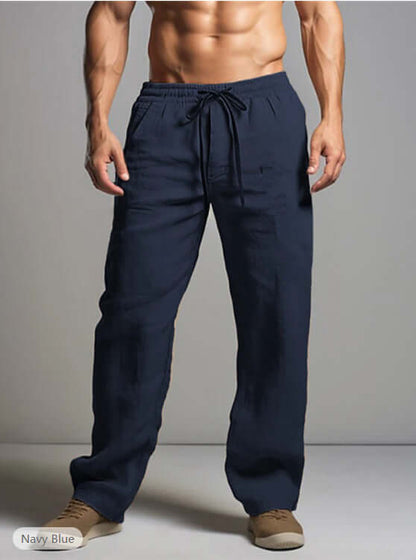Men's navy blue linen trousers offering comfort and style, perfect for summer days and casual outings.