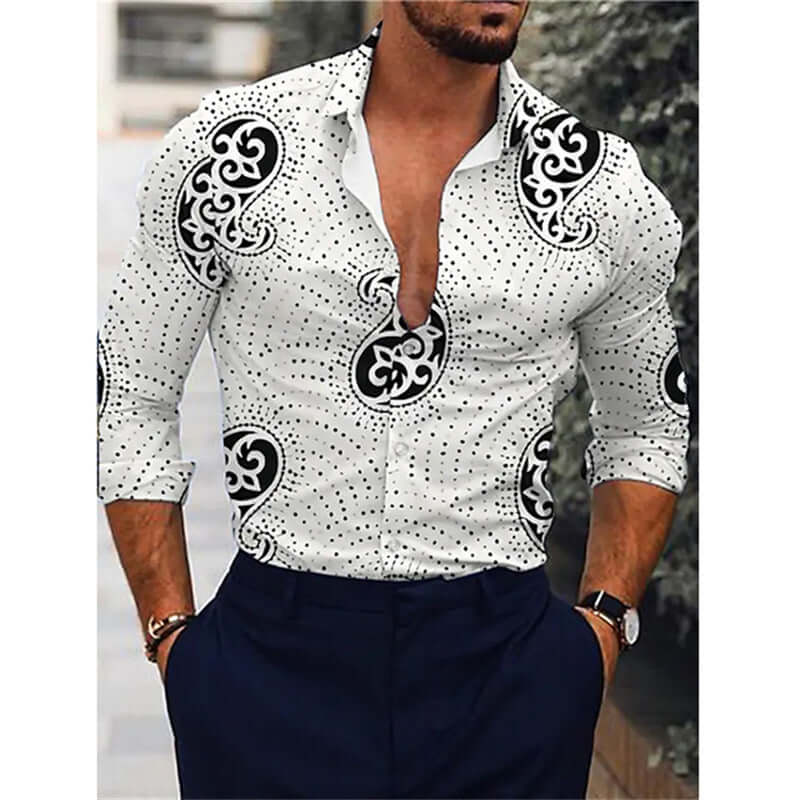 Men's printed long-sleeved shirt with abstract black patterns, perfect for a stylish and comfortable look for any occasion.