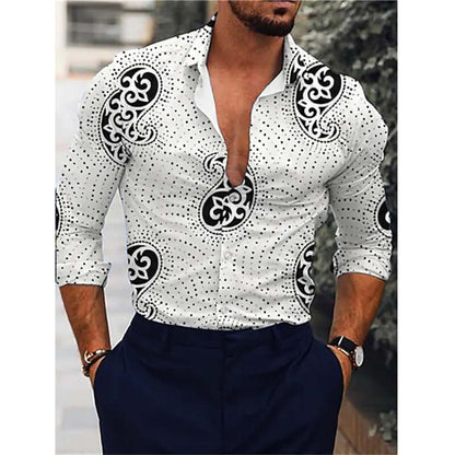 Men's printed long-sleeved shirt with abstract black patterns, perfect for a stylish and comfortable look for any occasion.