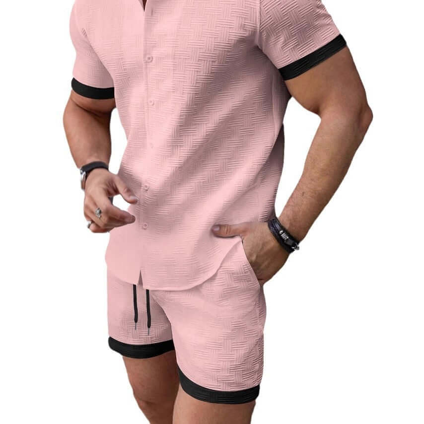 Men's stylish pink Beach Attire Shorts with textured design and black trim, perfect for summer and casual beach outings.