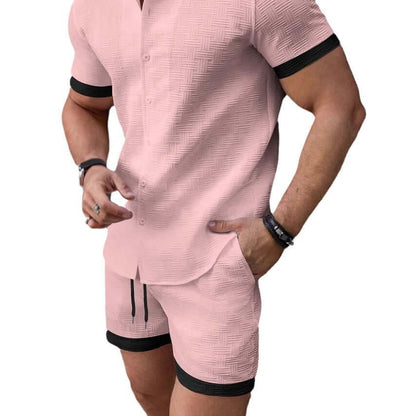 Men's stylish pink Beach Attire Shorts with textured design and black trim, perfect for summer and casual beach outings.