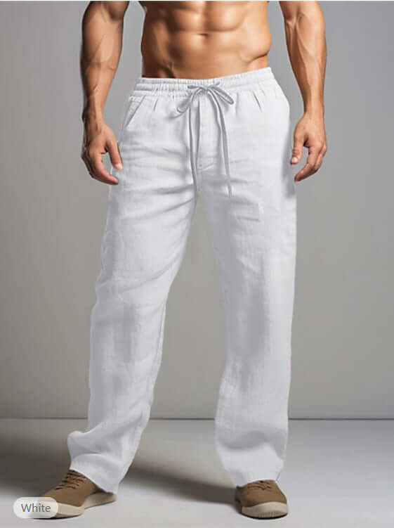 Men's white linen trousers offering comfort and style, perfect for summer days or casual outings, with a drawstring waist.