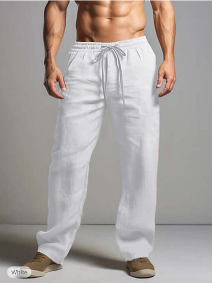 Men's white linen trousers offering comfort and style, perfect for summer days or casual outings, with a drawstring waist.