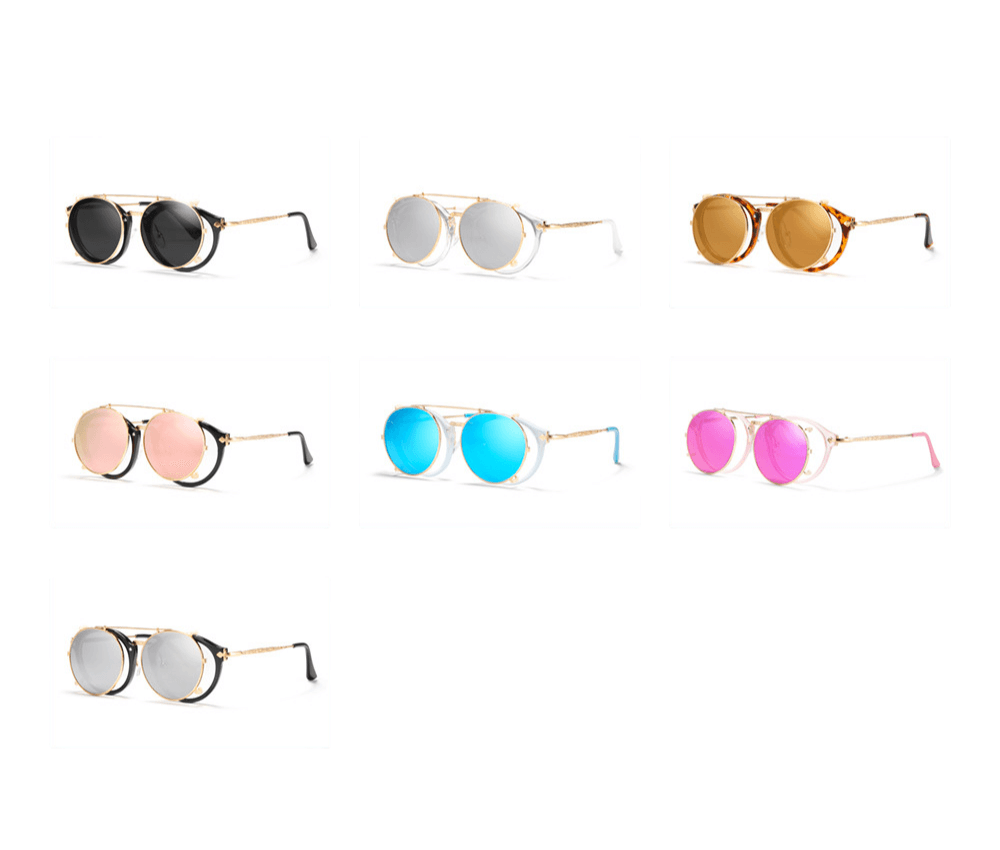 Metallic sunglasses with various colored frames and lenses displayed in rows, featuring stylish design for versatile occasions.