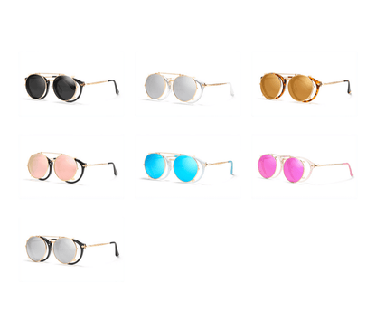 Metallic sunglasses with various colored frames and lenses displayed in rows, featuring stylish design for versatile occasions.