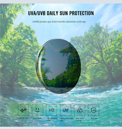 UVA/UVB daily sun protection illustration with lush green forest and river, highlighting benefits of metallic sunglasses.
