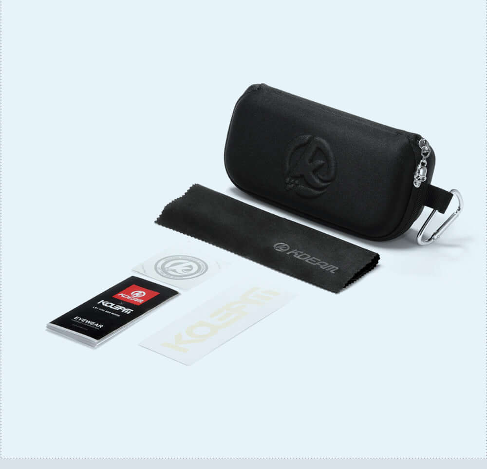 Black sunglasses case with cleaning cloth and care instructions for metallic sunglasses.
