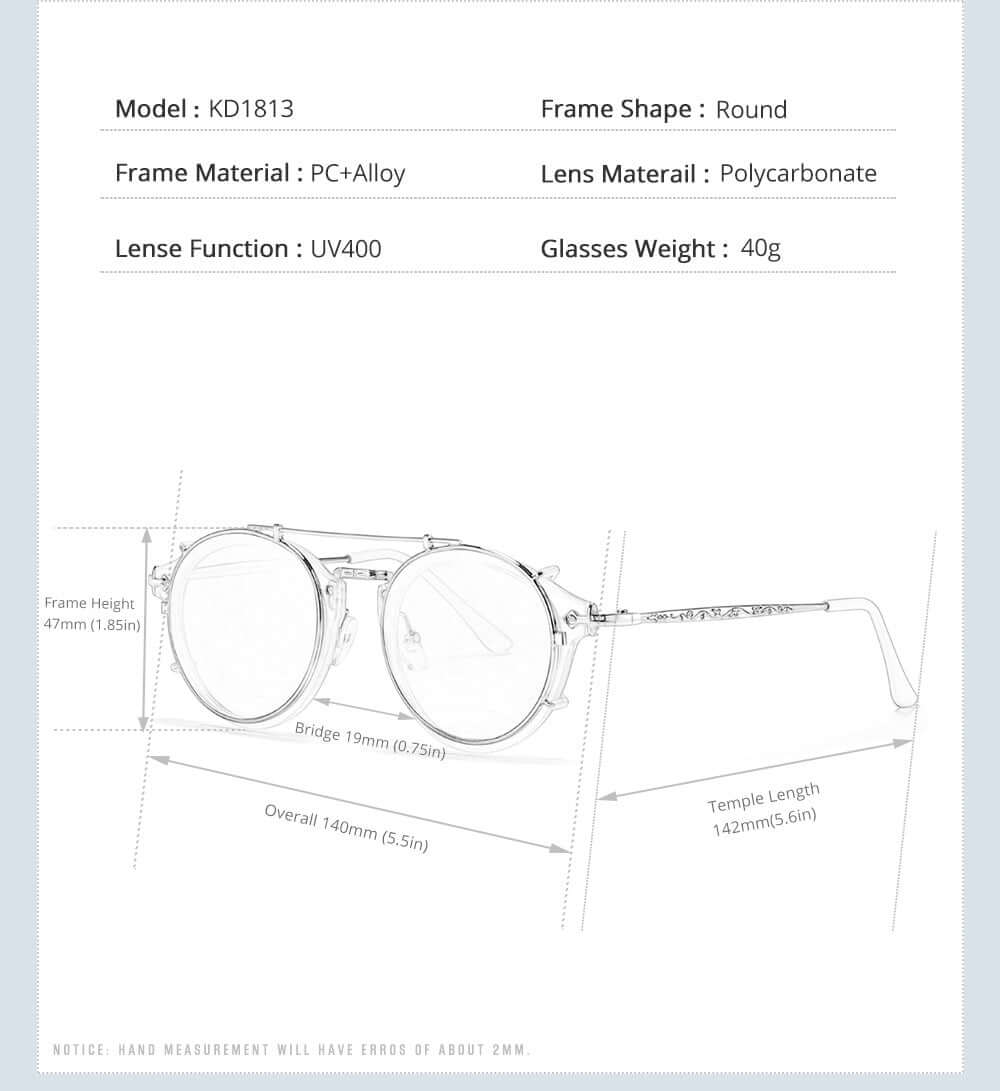 Diagram of metallic sunglasses with round PC+Alloy frame, polycarbonate lenses, UV400 protection, 40g weight. Model KD1813.