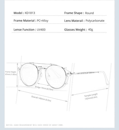 Diagram of metallic sunglasses with round PC+Alloy frame, polycarbonate lenses, UV400 protection, 40g weight. Model KD1813.