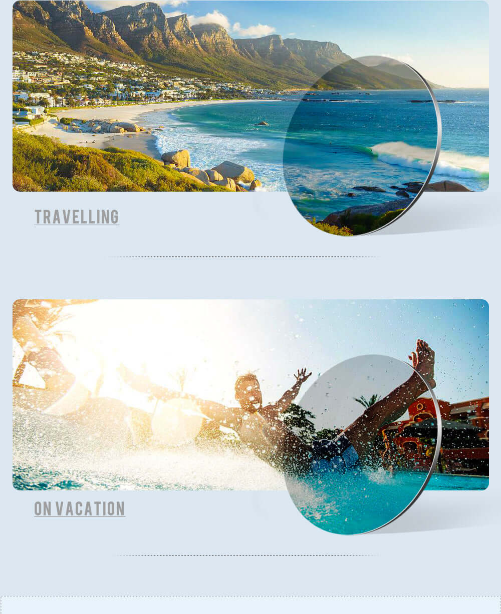 View through Metallic Sunglasses lenses showing clear beach and vacation scenes, highlighting polarized protection and stylish design.
