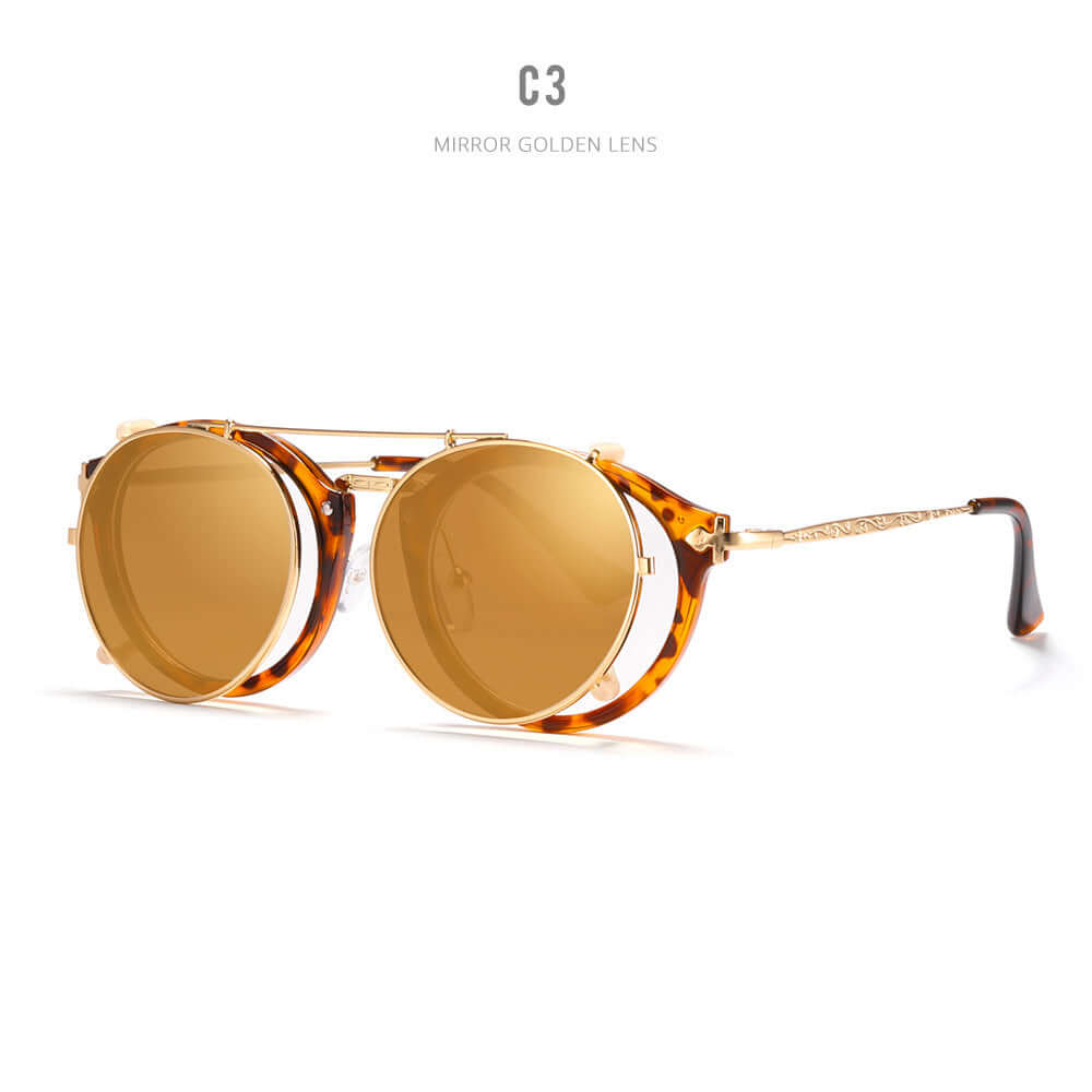 Metallic sunglasses with golden mirror lenses and stylish tortoise shell frame, ideal for a chic, busy lifestyle.