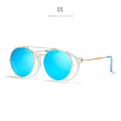 Metallic sunglasses with mirror ice blue lenses, designed for style and versatility, ideal for fashion-forward women on-the-go.