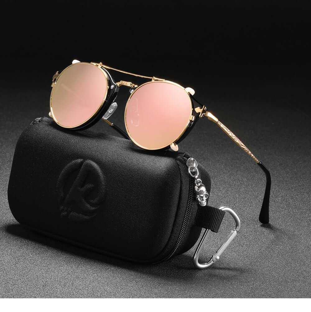 Metallic sunglasses with rose-tinted lenses and black case, perfect for stylish women seeking both aesthetics and functionality.