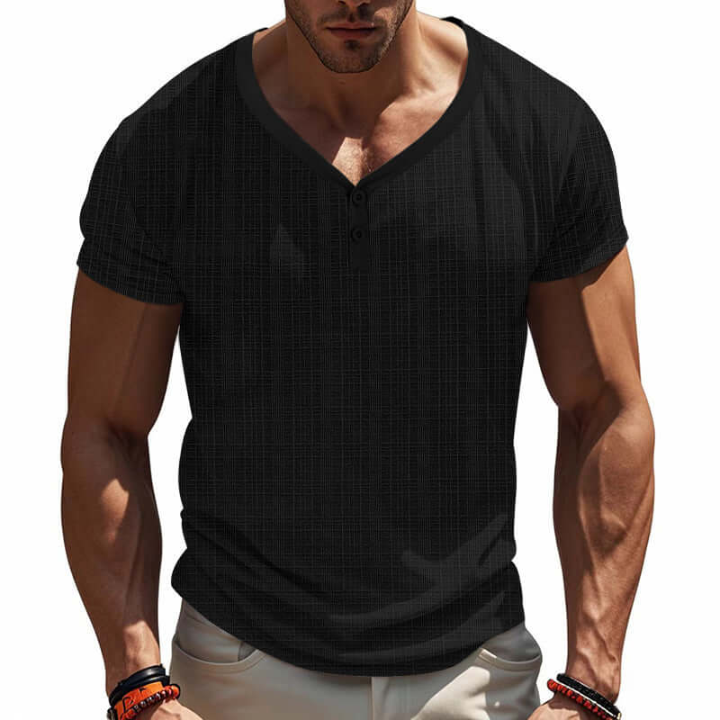 Model wearing a black V Neck Loose T-Shirt, showcasing casual and versatile style perfect for any occasion.