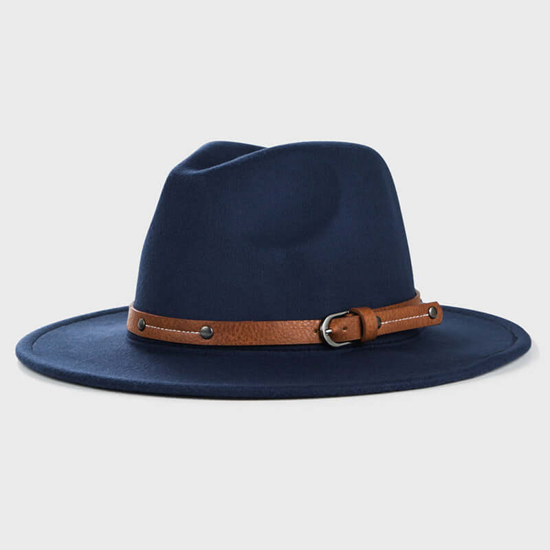 Navy Blue Wide Brim Hat with brown leather band, crafted from high-quality wool, offering durability and style.