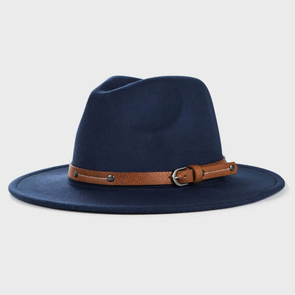 Navy Blue Wide Brim Hat with brown leather band, crafted from high-quality wool, offering durability and style.