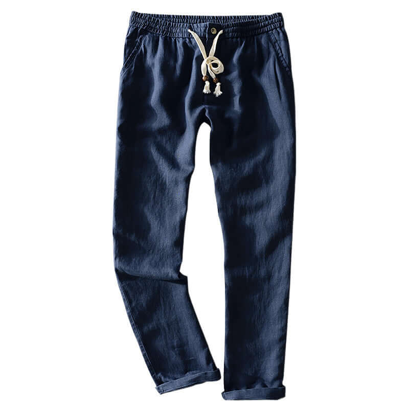 Navy blue soft linen trousers with drawstring, perfect for comfort and style, ideal for casual and semiformal occasions.