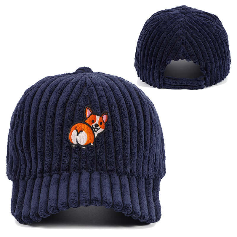 Navy corduroy hat with cute embroidered Corgi design, offering stylish comfort and warmth for casual elegance.
