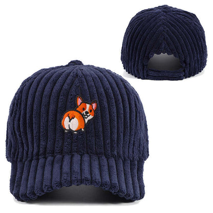 Navy corduroy hat with cute embroidered Corgi design, offering stylish comfort and warmth for casual elegance.