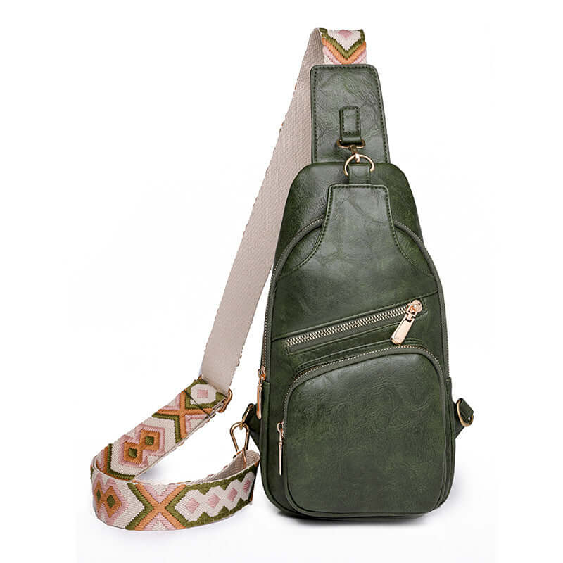 Green Ladies Cross Shoulder Bag with decorative strap, crafted from PU leather for durability and style. Perfect for fashion-forward women.