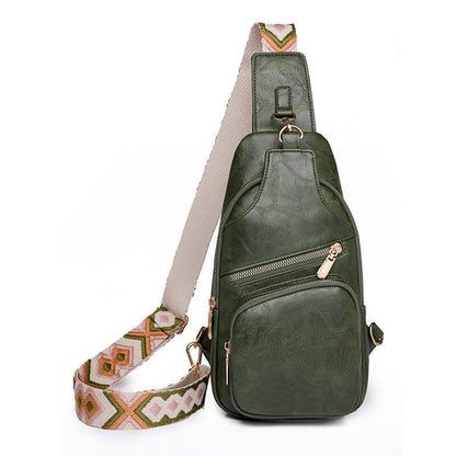 Green Ladies Cross Shoulder Bag with decorative strap, crafted from PU leather for durability and style. Perfect for fashion-forward women.