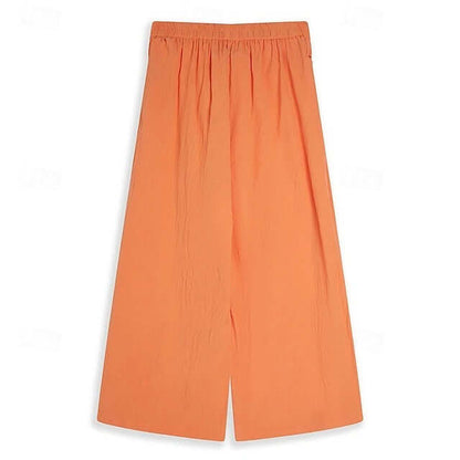 Orange Linen Stretch Trousers showcasing comfortable fit and stylish design, perfect for casual and laid-back gatherings.