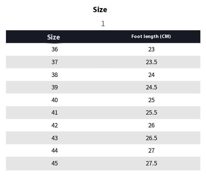 Size chart for men's loafers ranging from size 36 to 45 with foot length in centimeters.