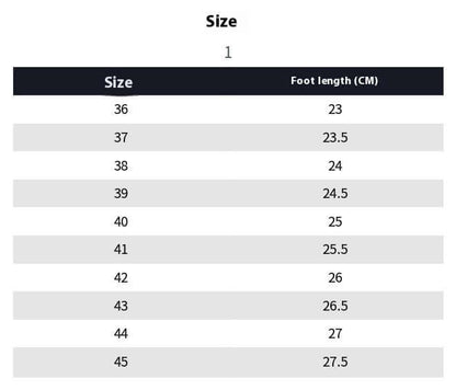 Size chart for men's loafers ranging from size 36 to 45 with foot length in centimeters.