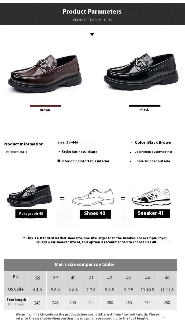 Patent Leather Loafers in Black and Brown with size chart for men's shoes, featuring premium cowhide leather and low-top design.