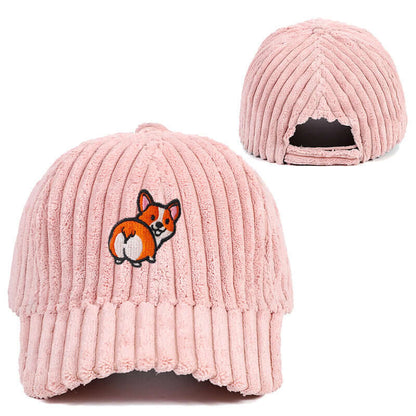 Pink corduroy hat with a cute embroidered fox design, showcasing stylish comfort and casual elegance for ultimate accessorizing.