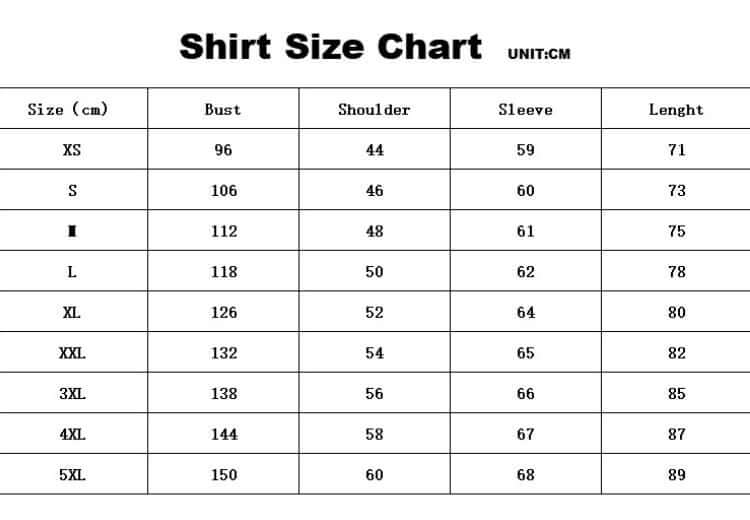 Shirt size chart in centimeters, detailing sizes XS to 5XL, with bust, shoulder, sleeve, and length measurements for printed long-sleeved shirt.