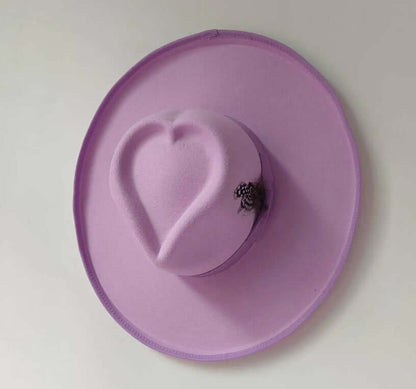 Purple heart-shaped woolen hat with satin warp knitting, medium size, ideal for warmth and comfort, available in various colors.