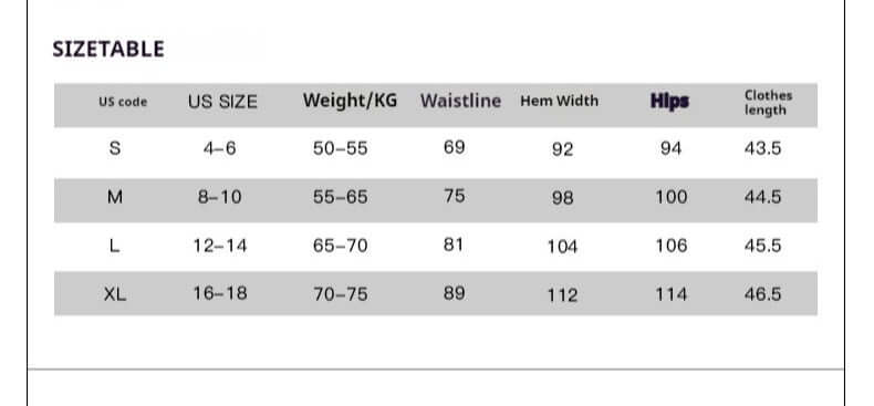 Size chart for short skirt with slits including US sizes, weight in kg, waistline, hip, and clothes length measurements.