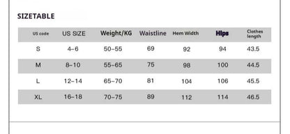 Size chart for short skirt with slits including US sizes, weight in kg, waistline, hip, and clothes length measurements.