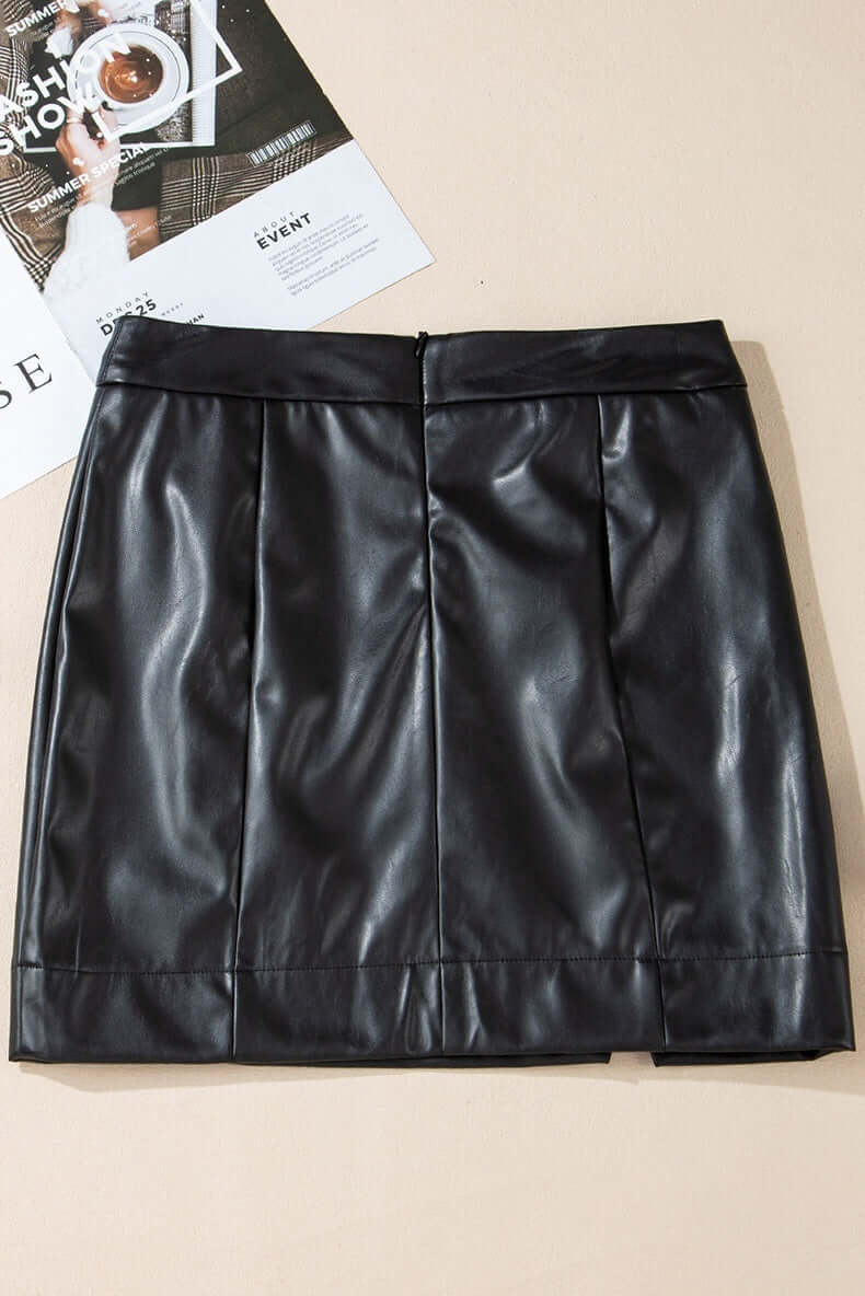 Short Skirt with Slits in black PU leather, showcasing sleek style and versatility for casual or formal wear.