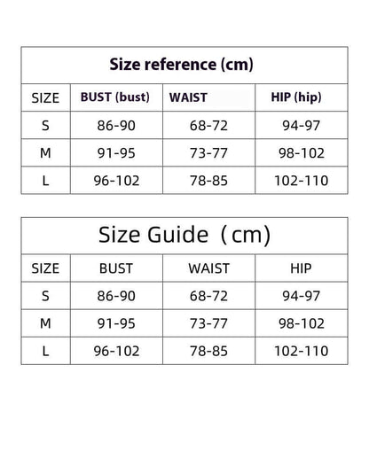 Size guide for Skirt with Bodysuit: S (Bust 86-90 cm, Waist 68-72 cm, Hip 94-97 cm), M (Bust 91-95 cm, Waist 73-77 cm, Hip 98-102 cm), L (Bust 96-102 cm, Waist 78-85 cm, Hip 102-110 cm).