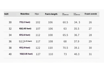 Size chart for men's soft linen trousers showing waistline, hips, pants length, leg circumference, and front crotch measurements.