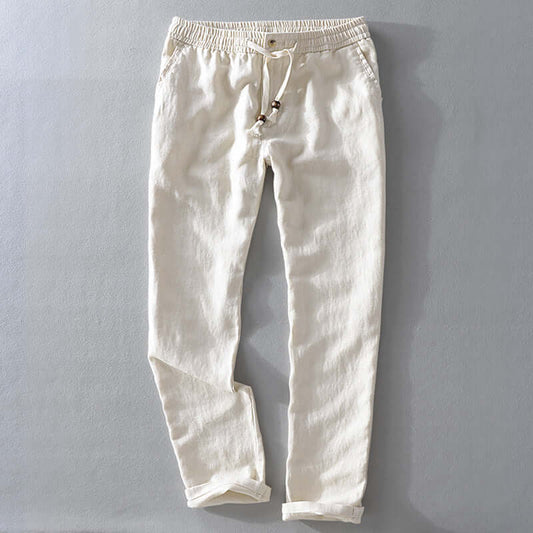 Soft Linen Trousers in beige color, showcasing comfort and style for semi-formal occasions, ideal for warm weather fashion.