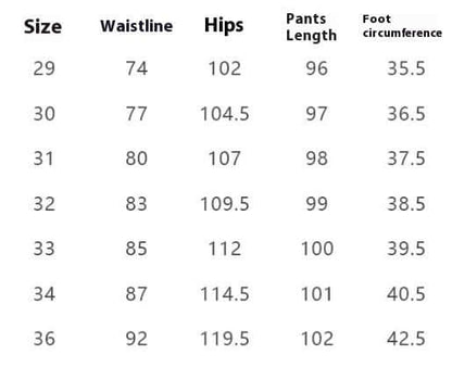 Size chart for straight legged trousers showing waistline, hips, pants length, and foot circumference measurements.
