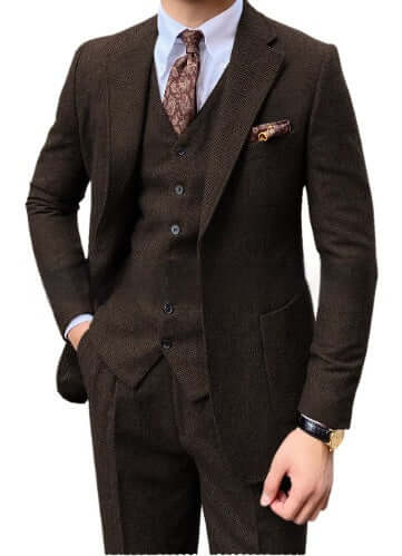 Stylish 3-piece herringbone suit for men, showcasing elegance and sophistication, perfect for various formal occasions.