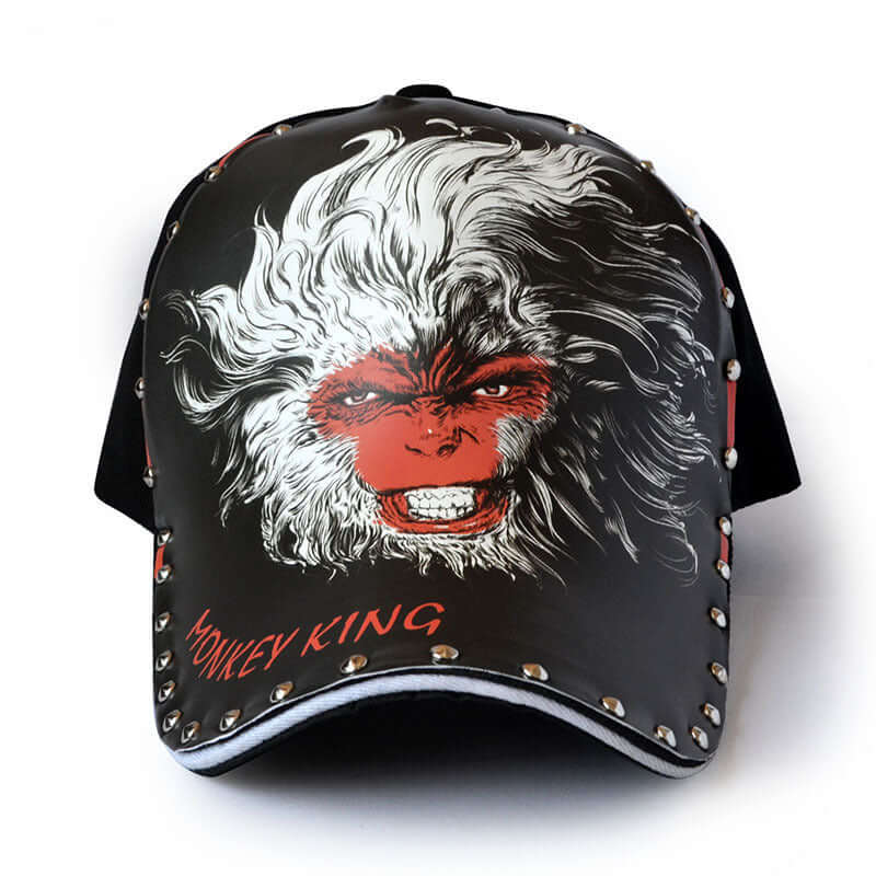 Stylish Baseball Cap with bold Monkey King graphic design, featuring silver studs and unique fashion appeal, perfect for trendy outfits.