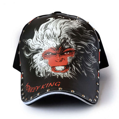 Stylish Baseball Cap with bold Monkey King graphic design, featuring silver studs and unique fashion appeal, perfect for trendy outfits.