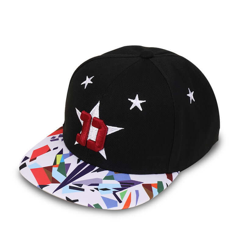 Stylish Black Flat Brim Cap with Colorful Geometric Pattern and Star Design, Ideal for Trendy Fashion and Comfortable Wear.