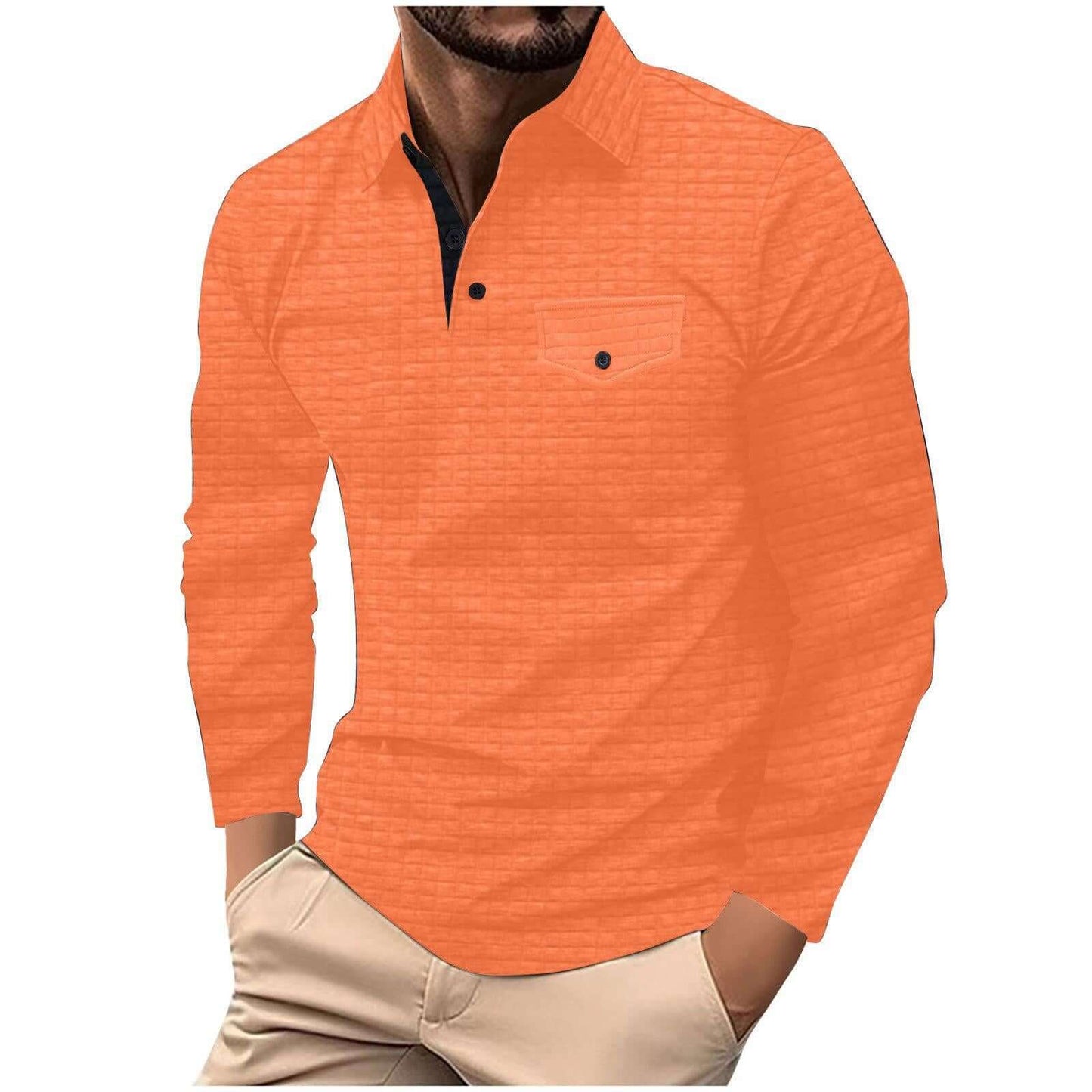 Stylish Polo Checkered Shirt in vibrant orange color, perfect for casual and semiformal events, showcasing a trendy and comfortable design.