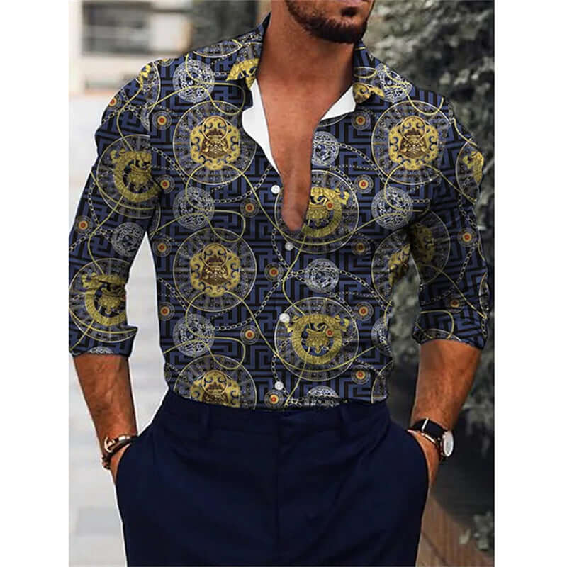 Stylish Printed Long-sleeved Shirt with intricate gold and navy design, perfect for both casual and formal occasions.