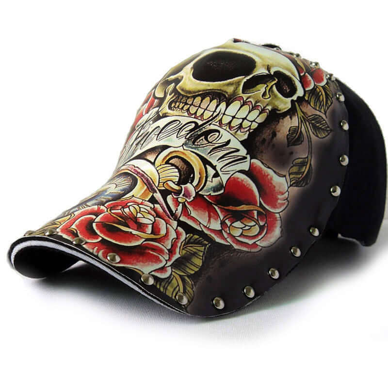 Stylish baseball cap featuring skull and rose design with studded accents, perfect for adding an edgy touch to your casual outfits.