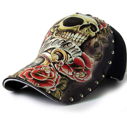 Stylish baseball cap featuring skull and rose design with studded accents, perfect for adding an edgy touch to your casual outfits.