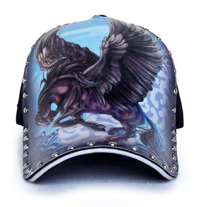 Stylish baseball cap with a black winged horse design, featuring silver stud accents on a vibrant blue background.
